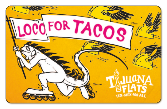 tijuana flats logo with lizzard on a yellow background with flying tacos